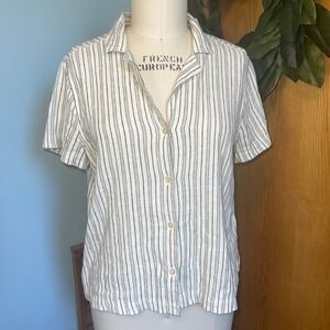 Lucky Brand Striped Linen Blend Button Down Short Sleeve Shirt - Medium
